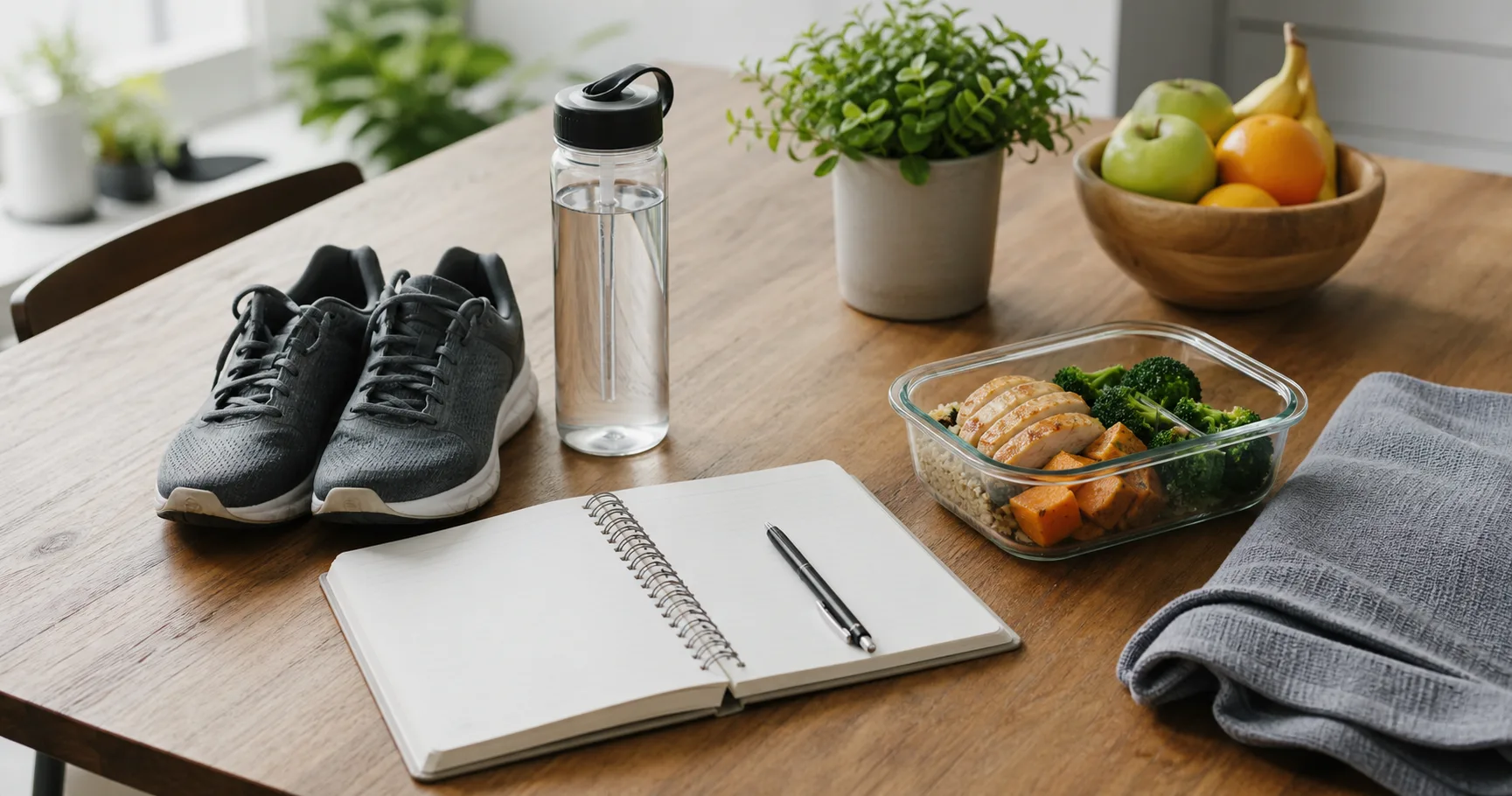 Training log, walking shoes, water bottle, and prepared meals arranged for a weekly discipline plan