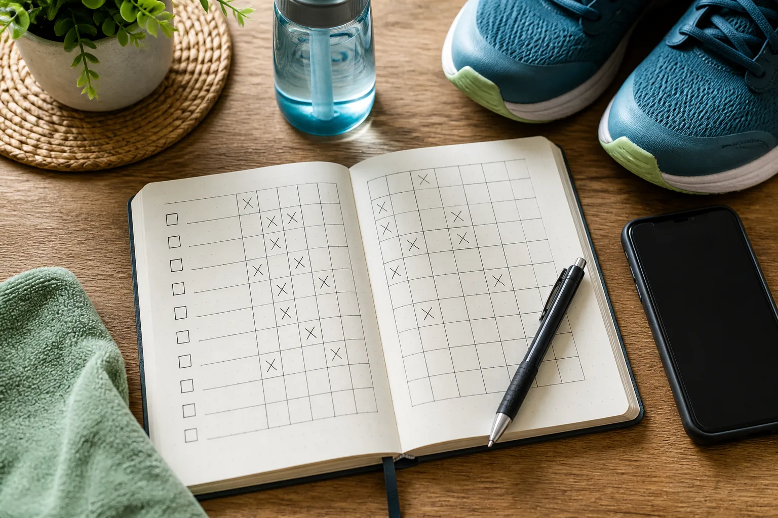 Weekly habit checklist with workouts, meals, sleep, and walking goals checked off