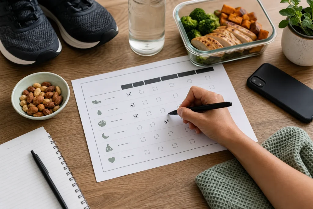 Checklist showing food noise triggers such as stress, sleep, hunger, cravings, and provider review