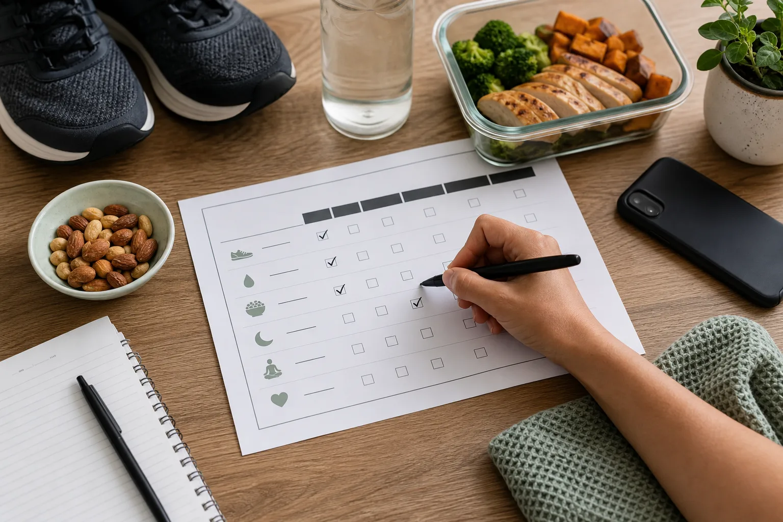 Checklist showing food noise triggers such as stress, sleep, hunger, cravings, and provider review