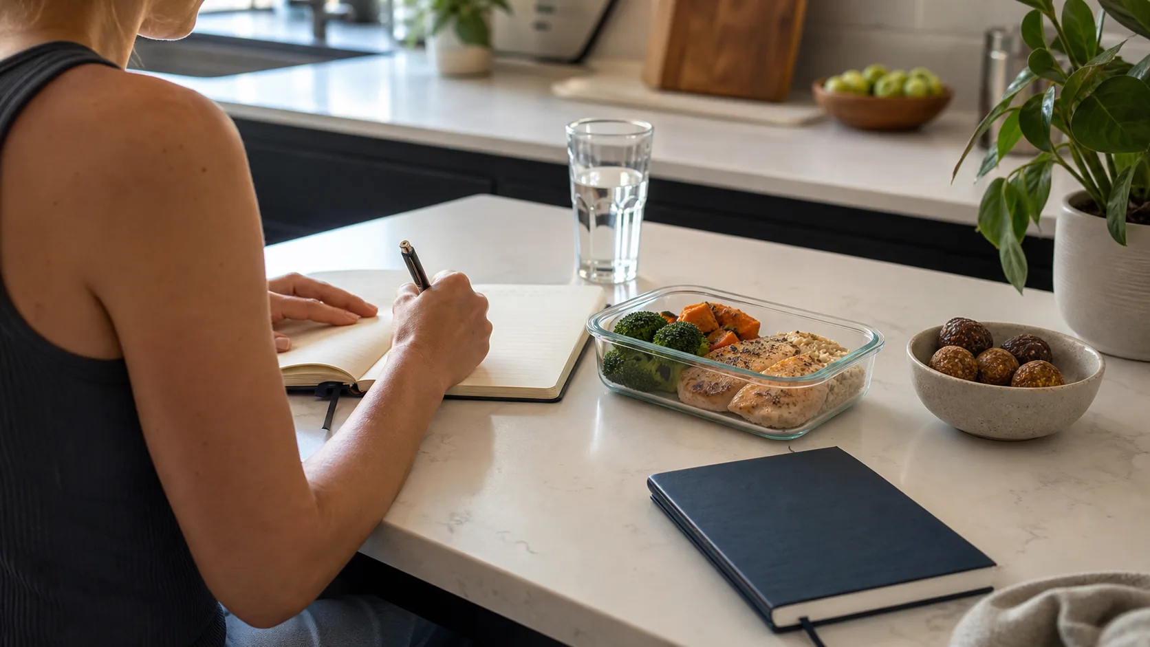 Person standing at a kitchen counter with a habit journal and untouched snack foods while planning a structured meal