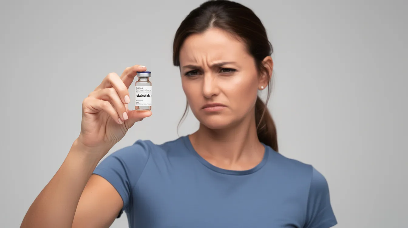 A woman looks frustrated while holding up a vial of retatrutide, a weight loss drug that targets glucagon receptors for body weight management. Her expression suggests concern about the effectiveness and cost of this injectable medication in relation to weight loss and blood sugar control.