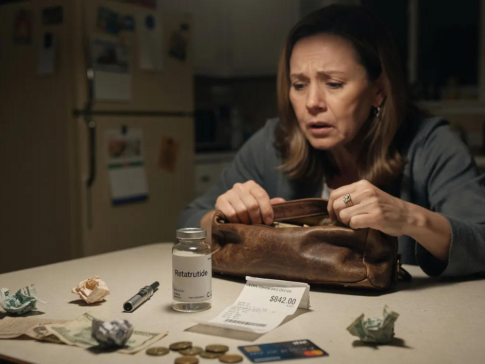 Close crop of a woman reviewing the cost implications of retatrutide while thinking through health and weight management decisions.