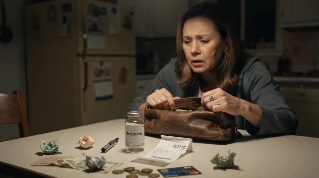 A woman is contemplating the cost of a vial of retatrutide while glancing at her purse, reflecting on the importance of weight management and how it relates to her body weight and overall health. She considers the implications of this weight loss drug on her blood sugar control and whether her insurance coverage will help with the retatrutide price.