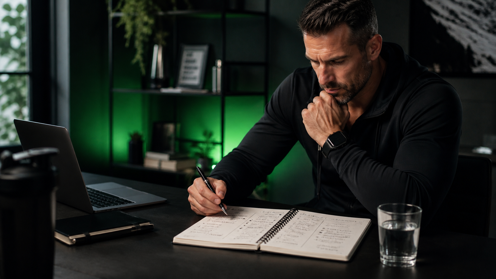A focused man reviews a two-column comparison notebook in a dark office with green accent lighting, representing careful retatrutide vs tirzepatide decision-making.