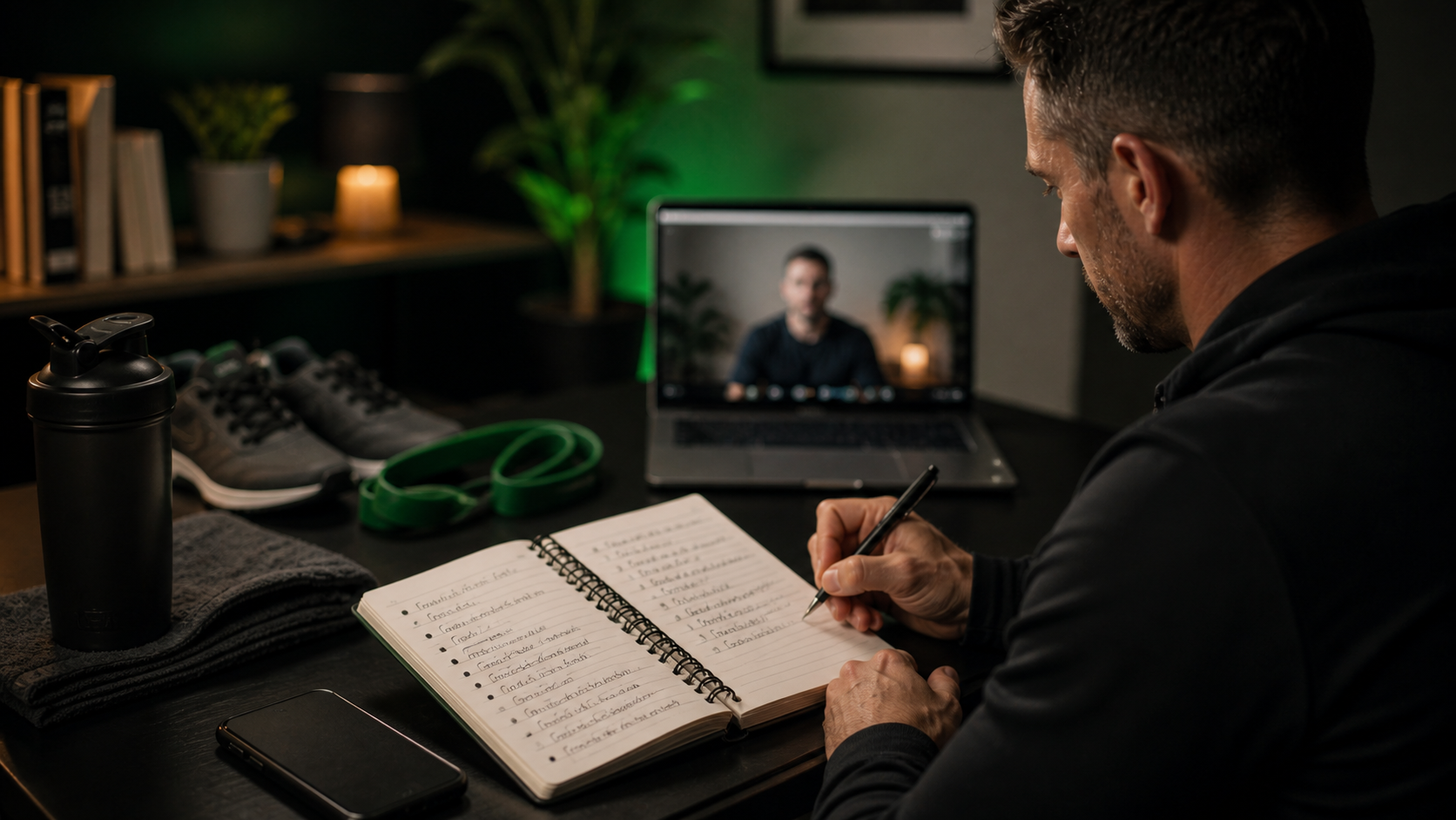 A man writes provider-review questions in a training journal while a blurred telehealth consultation appears on a laptop in the background.