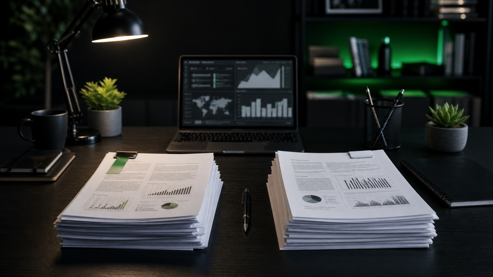 Two stacks of research papers arranged on a dark desk with charts and green accents, representing the approval-status comparison between retatrutide and tirzepatide.