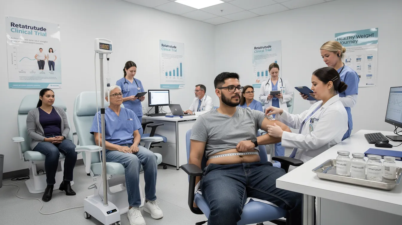 The image depicts a clinical weight loss trial setting, where participants are engaged in activities related to testing the weight loss drug retatrutide. The scene includes trial participants discussing their experiences with the medication, which targets hormone receptors to reduce appetite and aid in fat metabolism for effective weight loss.