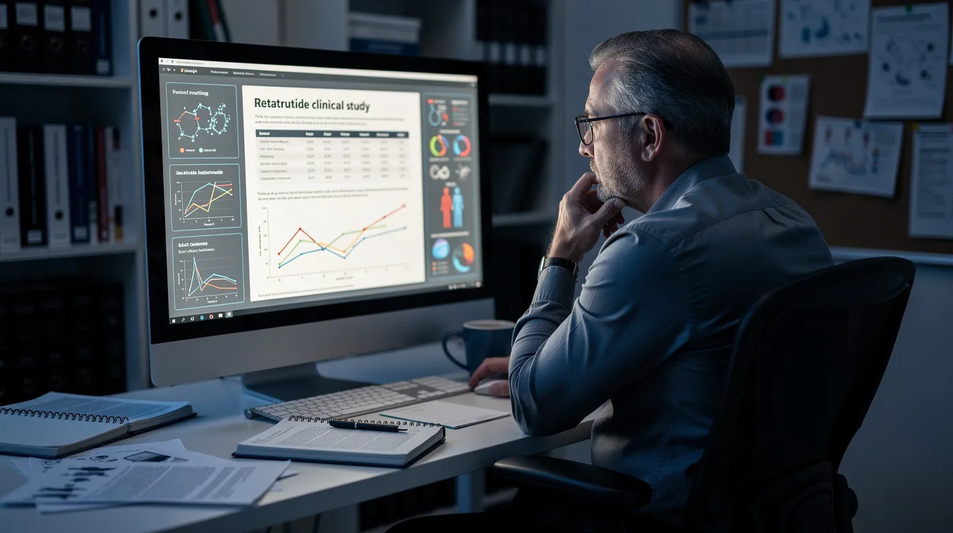 A man is sitting at a computer, deeply focused on a study about retatrutide, a weight loss drug that targets multiple hormone receptors to help reduce appetite and manage body weight. The screen displays information related to clinical trials and the potential benefits of retatrutide for weight loss and diabetes management.