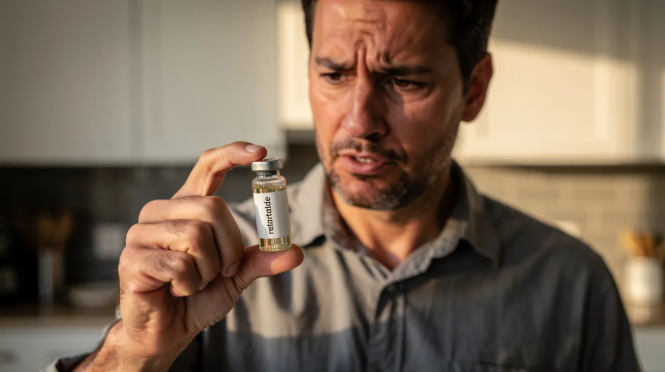 A man is holding a vial of retatrutide, gazing at it with a look of contemplation, as if he has questions about its potential for weight loss and its effects on body weight. This weight loss drug, currently undergoing clinical trials, targets multiple hormone receptors to help manage appetite and potentially reduce hunger.